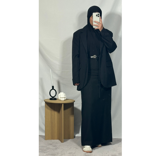 Jupe Longue Effet Lin Noire avec Ceinture Offerte