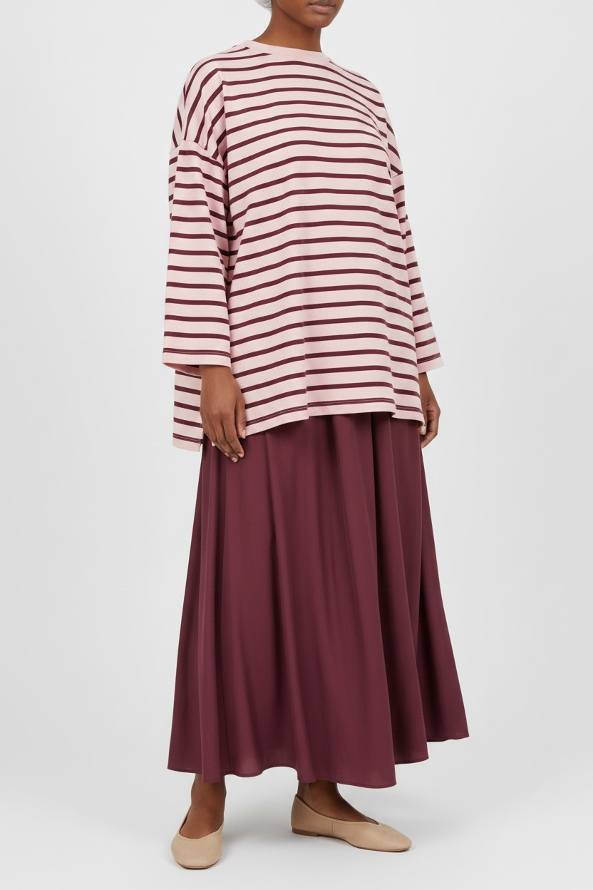 T-Shirt Rayé - Rose Pastel Bordeaux